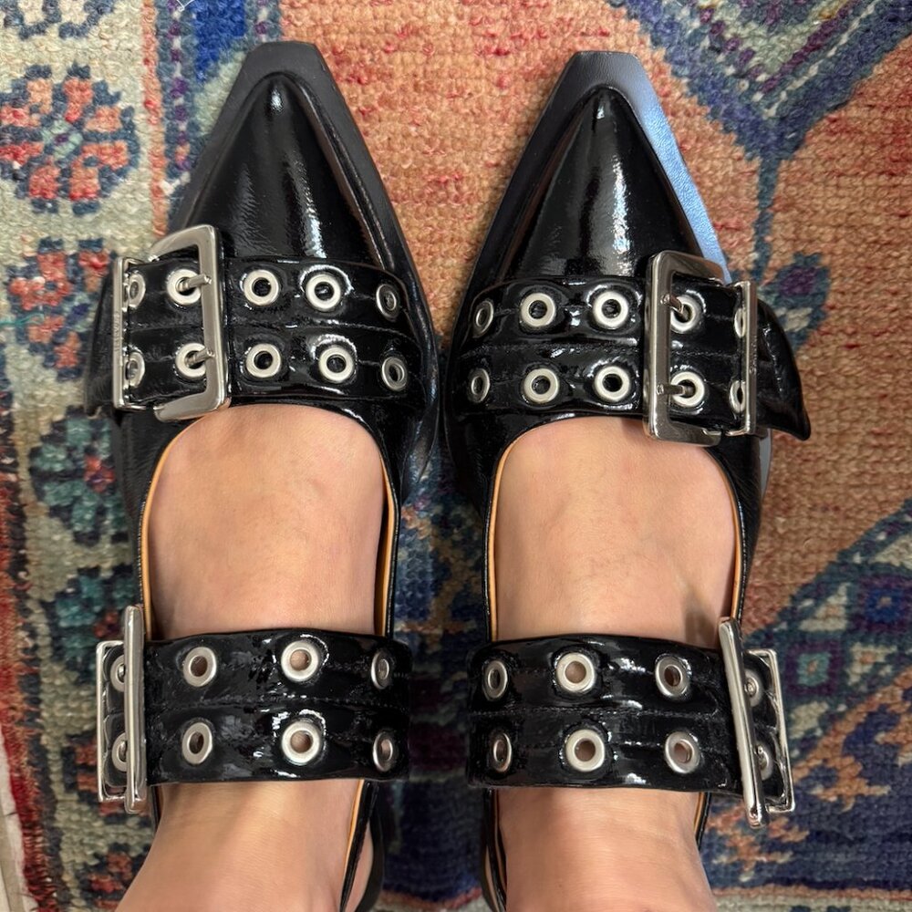 Ganni Feminine Buckle Ballerinas in Black Size 39
